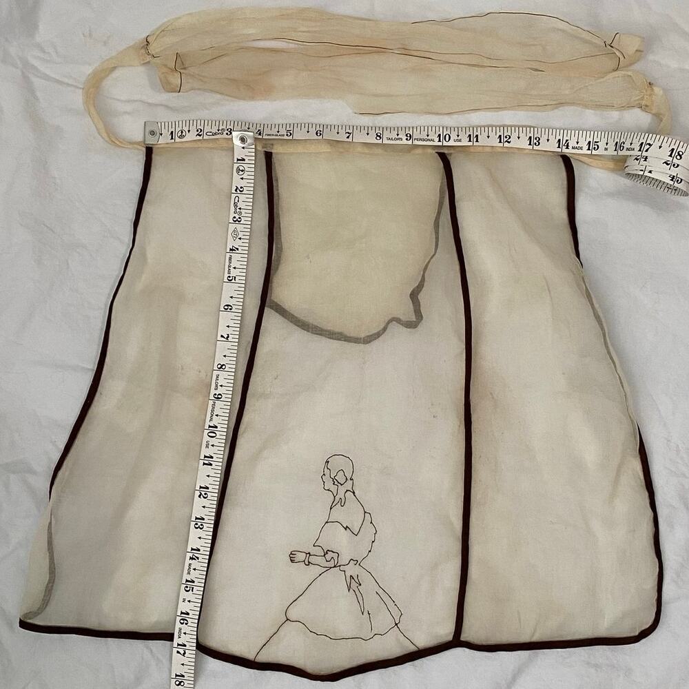 Vintage Organdy Tea Apron Colonial Lady Embroidered Sheer - Picture 6 of 9